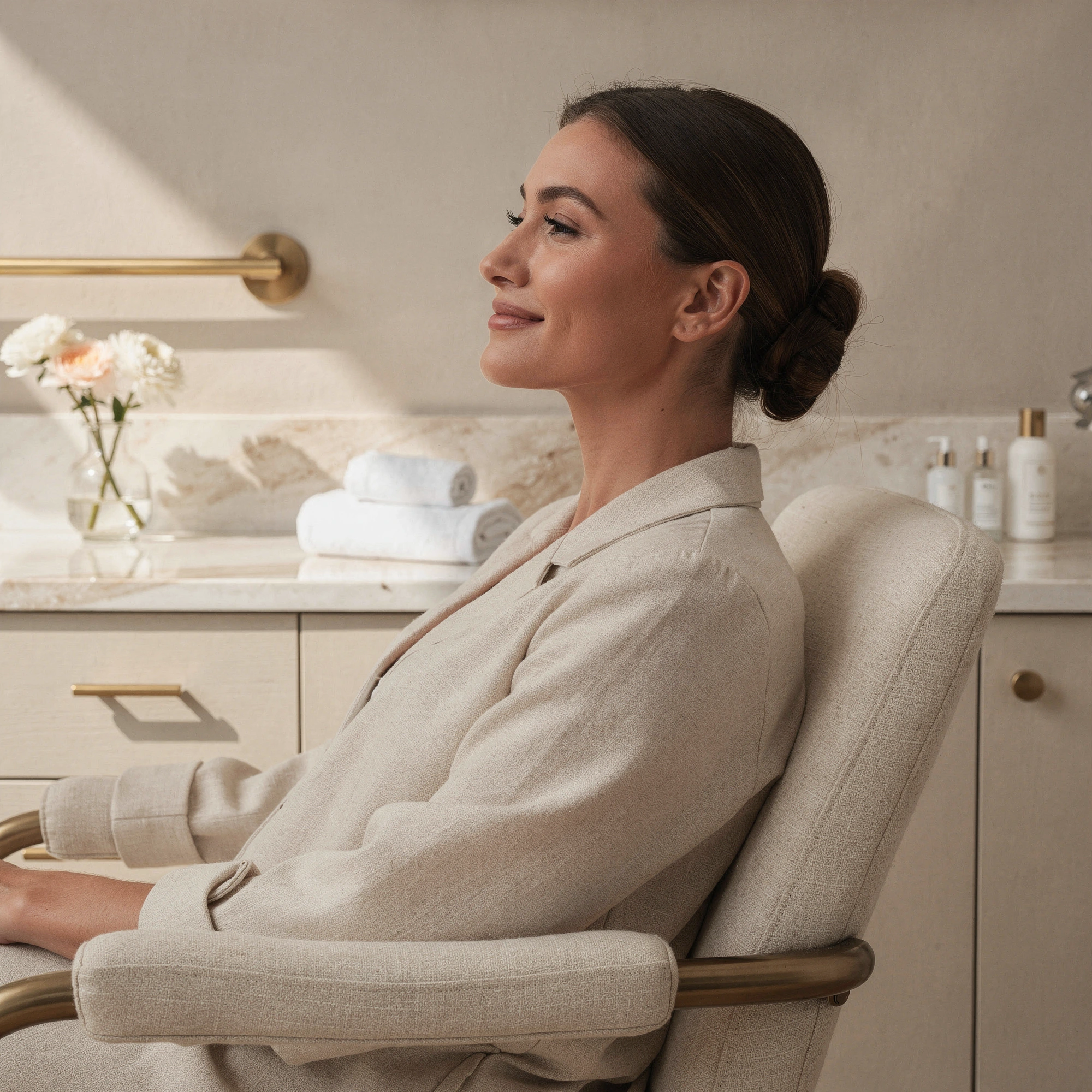 Woman in a spa setting admiring her rejuvenated complexion after RHA® Fillers treatment